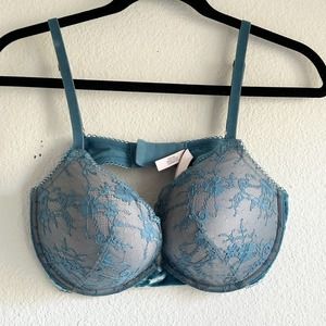 NWOT Victoria's Secret, Bra, Woman's 36D, Blue, Nude, Satin, Velvet, Lace